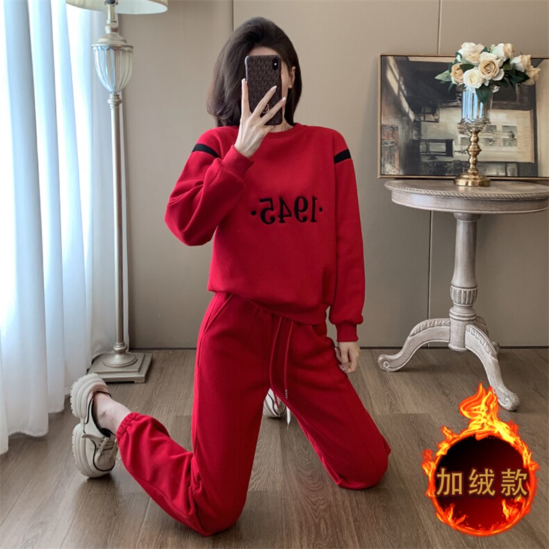 女秋冬新款红色圆领卫衣卫裤加绒两件套,女装套装/套裙,江南