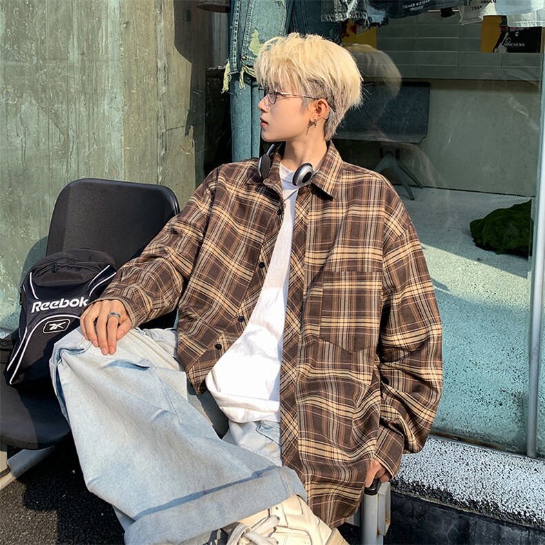 港风大码美式复古贴袋格子翻领长袖衬衫男XZ213-CS8805-P55控68,男装衬衫,星座213