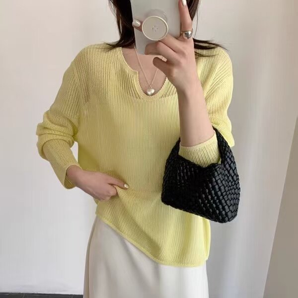 高级感镂空针织衫女2025新款春夏罩衫薄款防晒衣纯色百搭t恤上衣，女装防晒衣，悦玛羊绒
