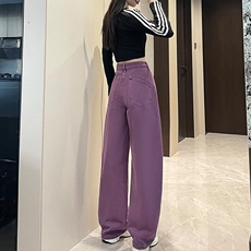 葡萄紫窄版阔腿牛仔裤女夏季2025新款高腰显瘦宽松直筒加长弯刀裤，女装牛仔裤，星座218-8