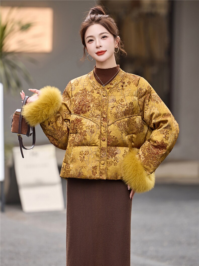 新中式90提花羽绒服2025年冬季新款高级感优雅气质白鸭外套,女装羽绒服,玖莱伊