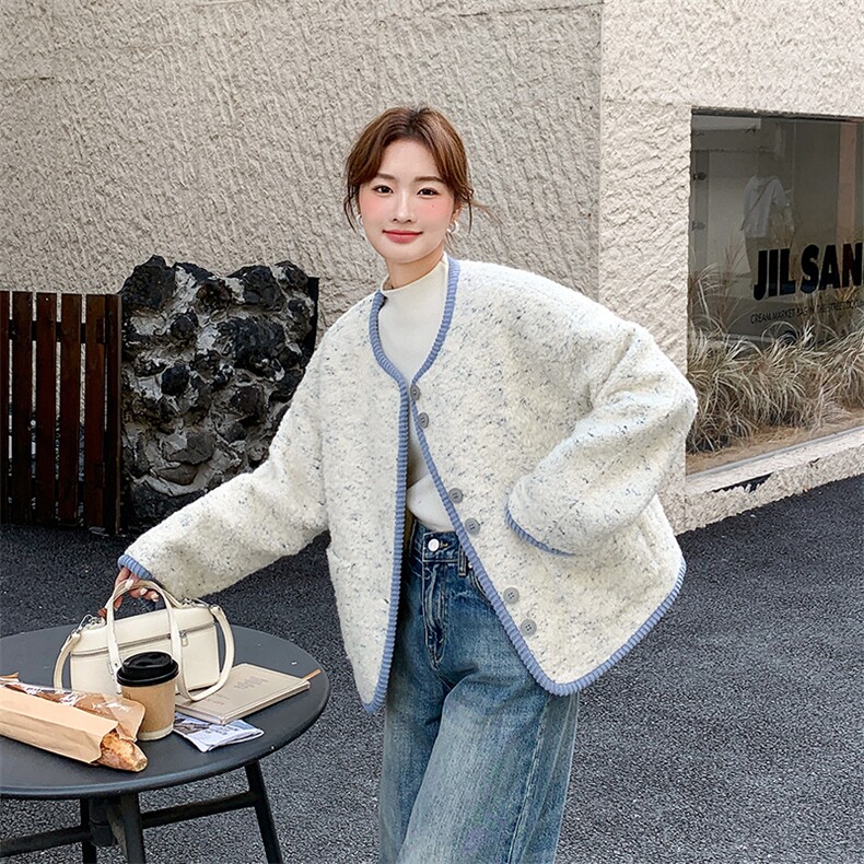 韩系小香风短款外套女2025冬季新款撞色滚边毛呢小个子今年流行图片