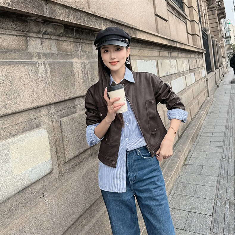 短款机车pu皮外套女2024秋季新款欧美时尚拉链口袋显瘦皮夹克女潮,女装皮衣,江南女神