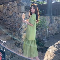 2025夏季新款牛油果绿超好看T恤裙女法式撞色拼接裙摆设计感长裙，女装连衣裙，浙宝276（原081）