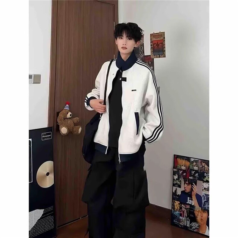 三条杠撞色翻领外套男士春秋季美式复古潮牌宽松休闲夹克图片