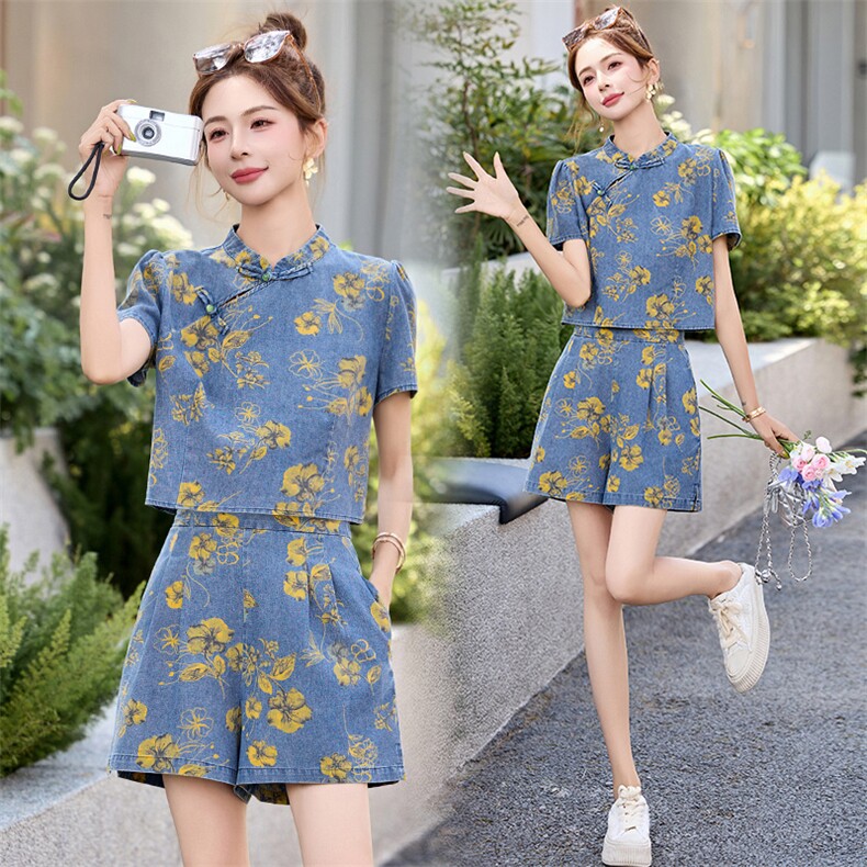 新中式碎花牛仔旗袍套装短裤女夏季网红洋气流行国风小个子两件套，女装套装/套裙，众宇琦