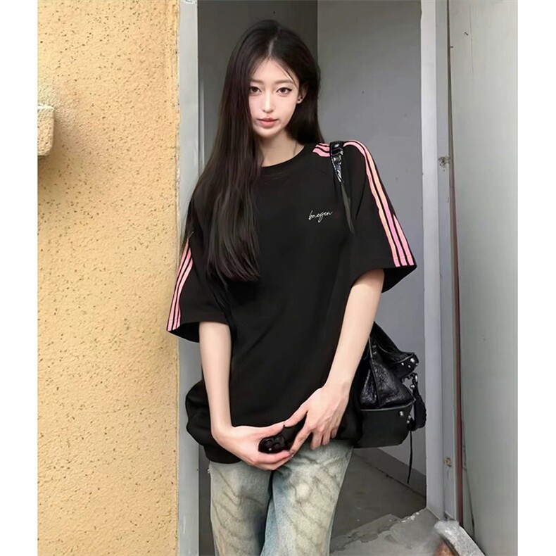 抖音得物品质二开240克宽松纯棉美式潮牌印花三条杠中性风短袖T恤,男装T恤,电商A486-1