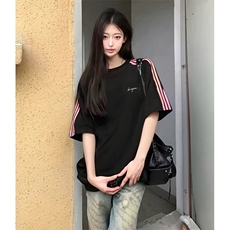 抖音得物品质二开240克宽松纯棉美式潮牌印花三条杠中性风短袖T恤，男装T恤，电商A486-1