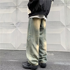 水洗做旧牛仔裤男秋季美式复古宽松阔腿直筒拖地长裤TG23P40，男装牛仔裤，星座1116-2