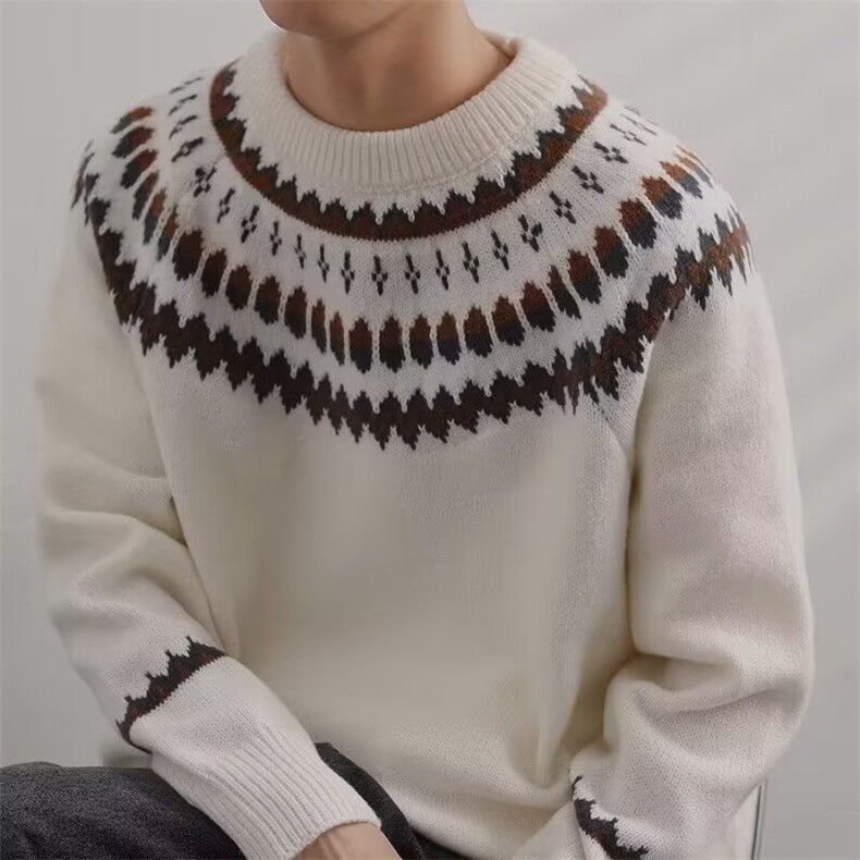 现货美式复古重磅毛衣男女情侣圆领费尔岛提花慵懒风针织衫秋冬，男装针织衫/毛衣，星座302B-3