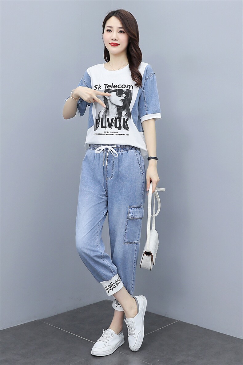 冰丝牛仔套装女2024夏季新款洋气减龄薄款遮肉显瘦休闲运动两件套,女装套装/套裙,靓星雨