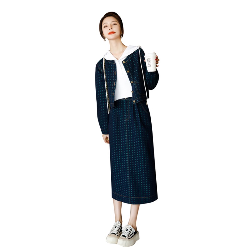 时尚显瘦牛仔套装女春季新款韩版气质百搭两件套裙子小香风外套,女装套装/套裙,秋水欣儿