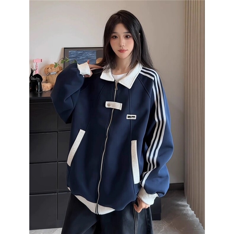 网图现货藏青色美式撞色翻领秋冬运动外套W023特P50,女装短外套,星座205-3