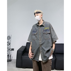中古风刺绣字母牛仔衬衣美式休闲男女宽松短袖衬衫，男装衬衫，星座410-6（原星座1304-1）