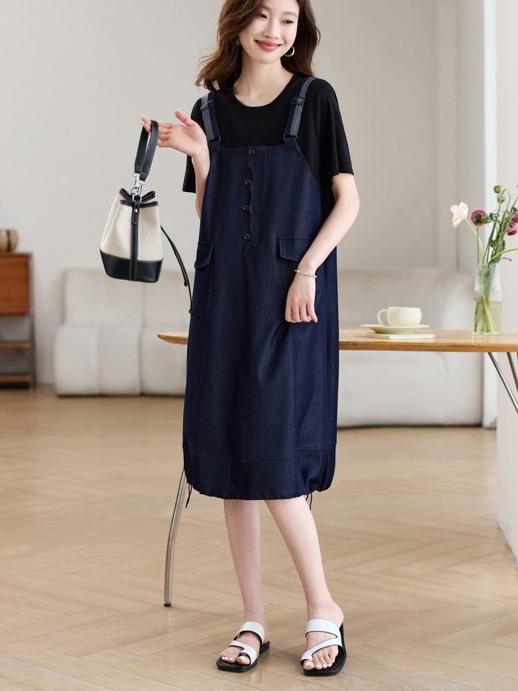 牛仔背带裙女2025夏季新款宽松假两件洋气减龄十三行薄天丝连衣裙,女装连衣裙,素月