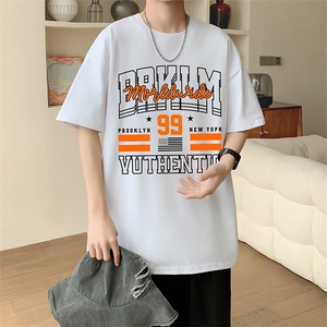 新款夏季男装纯棉短袖T恤落肩款英文字母印花时尚休闲上衣图片