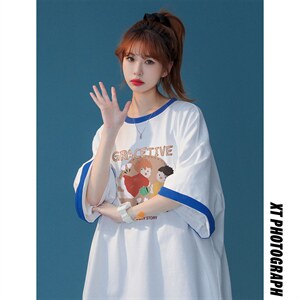 中性春夏新款宽松复古卡通印花撞色圆领短袖T恤女T6260P35控48,180斤胖女孩穿搭咖色图片