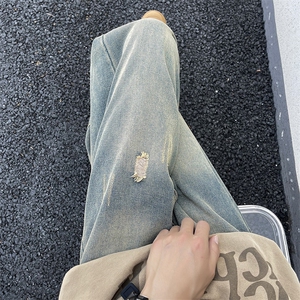 破洞牛仔裤男夏季痞帅高街美式复古潮牌水洗做旧直筒裤N07215-P45图片