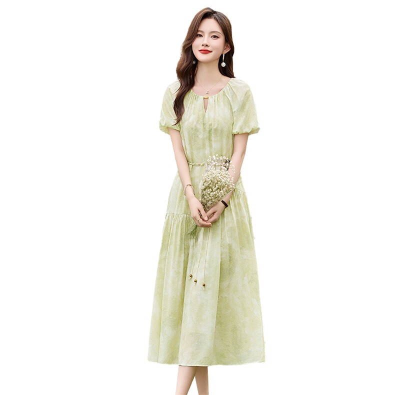 晕染连衣裙女夏季2025新款高级感收腰显瘦法式泡泡袖漂亮度假裙子,女装连衣裙,鑫鑫美