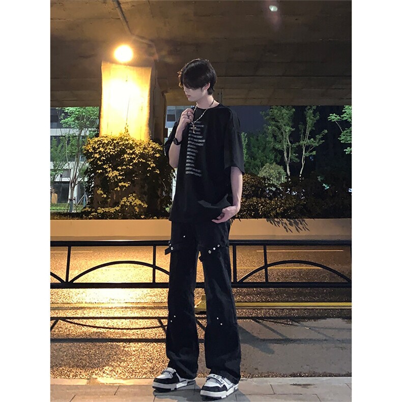 已授权纯黑色绑带牛仔裤夏季薄款江浙沪穿搭微喇裤,男装牛仔裤,星座310A-4