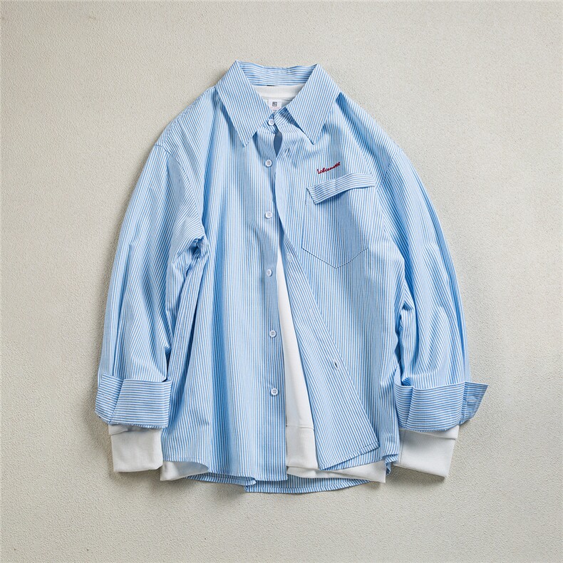 B413-1-DX6163美式复古刺绣长袖衬衫男宽松休闲简约日系条纹衬衣，男装衬衫，电商B413-1
