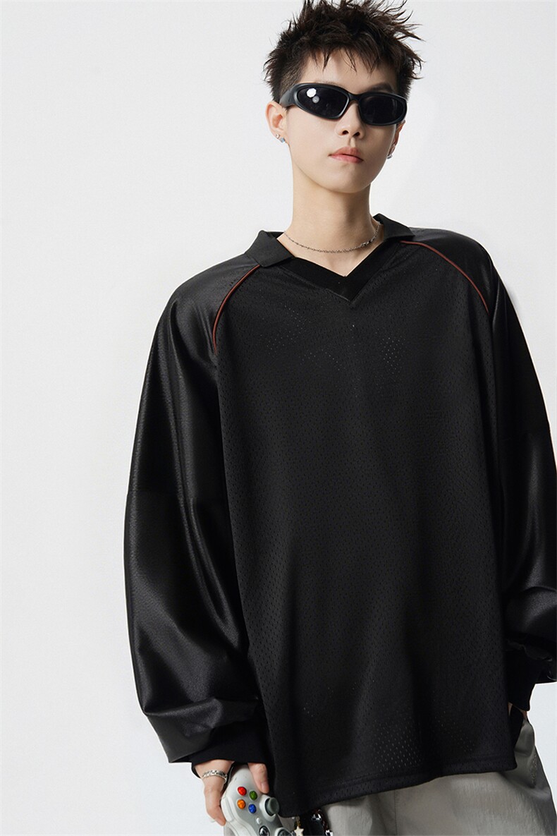 可二开美式POLO衫大码M-5XL拼接V领球衣长袖T恤男CX78111P45控69,男装Polo衫,星座226-1