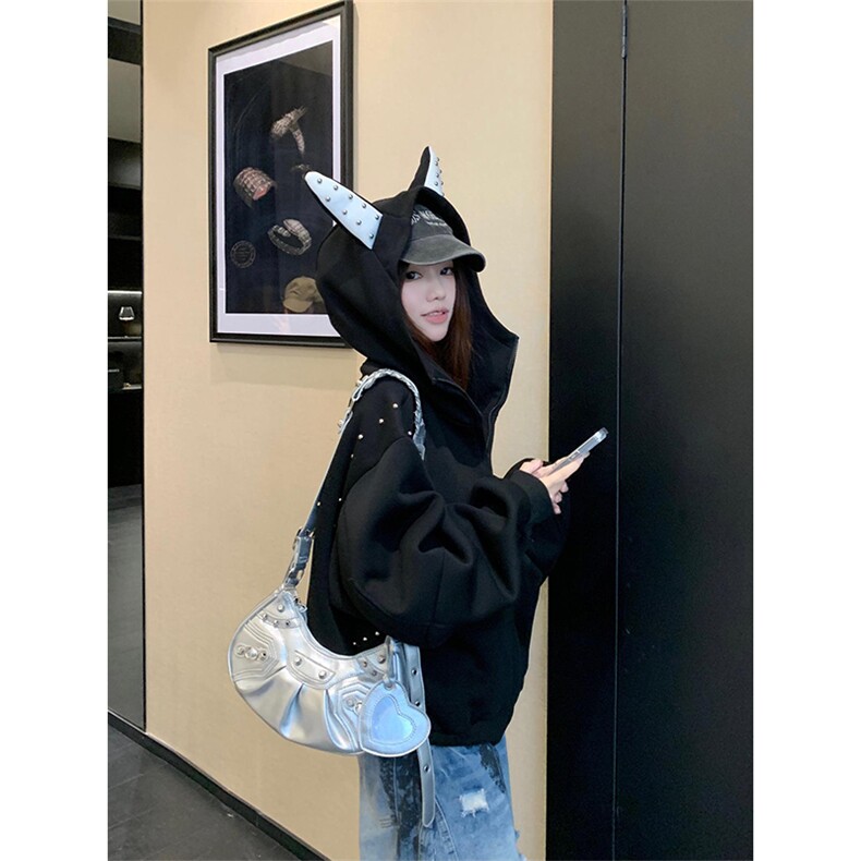 抖音得物高品质26春装美式高街铆钉杜宾犬耳朵开衫卫衣外套W125,女装短外套,电商A486