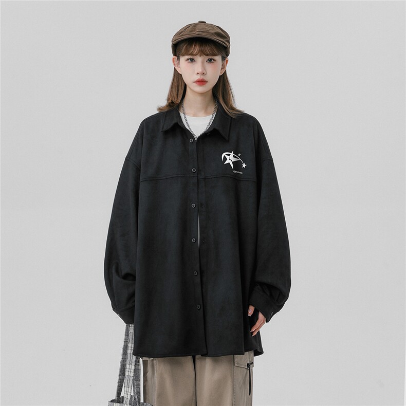 中性风23新款秋季时尚百搭宽松鹿皮绒衬衫翻领外套S73P45控68,男装衬衫,A247A