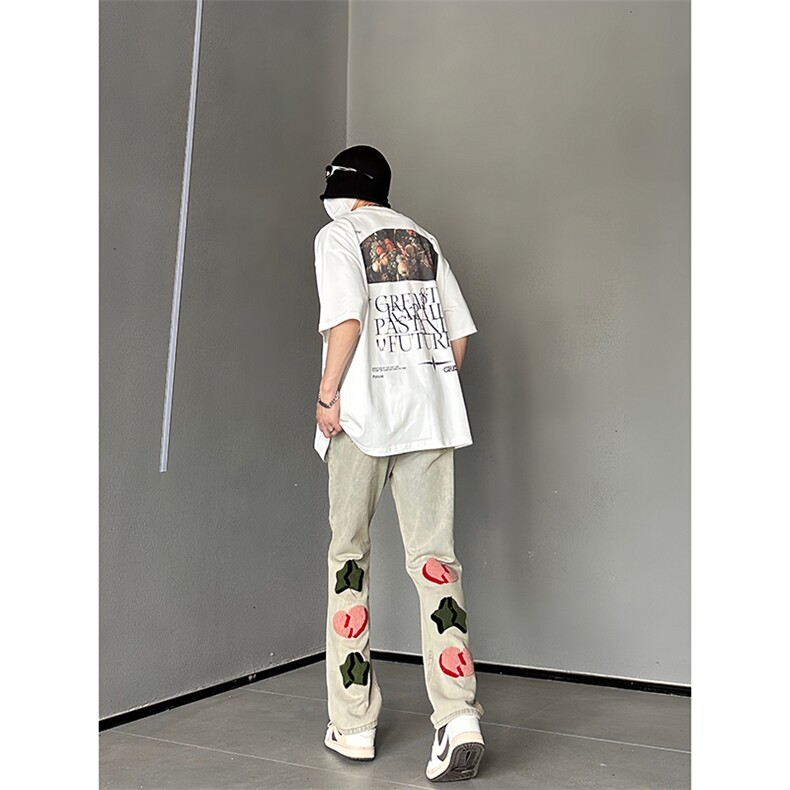B221美式ins高街暗黑小众情侣毛巾绣直筒牛仔裤LK23021-P65控88,男装牛仔裤,电商B221