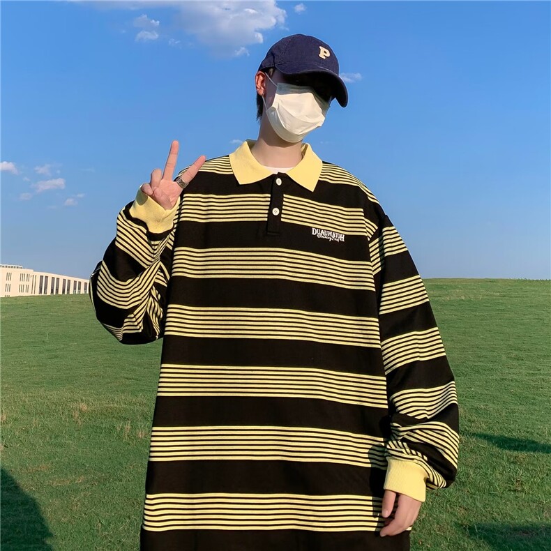 2023秋日系复古拼色条纹长袖POLO衫男潮牌宽松情侣卫衣W3330-P35,男装Polo衫,星座412-3