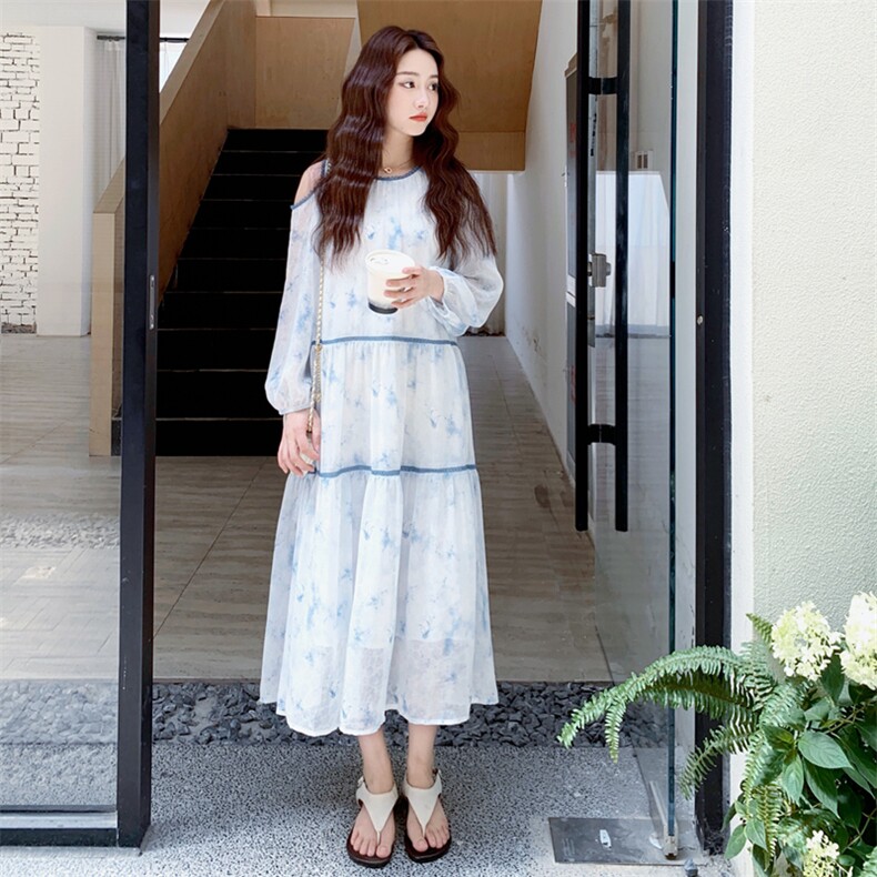 慵懒风白色长袖碎花连衣裙女2025秋季新款时尚松弛感绝美气质长裙,女装连衣裙,2C158