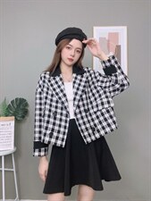 2021秋季新款格子拼皮短外套，女装短外套，中广青青