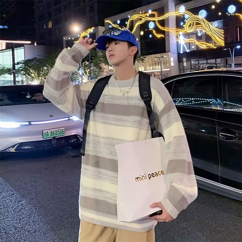 针织衫条纹毛衣男秋季日系潮牌i松情侣装慵懒风保暖上衣MZ073-P49,男装针织衫/毛衣,星座412-2