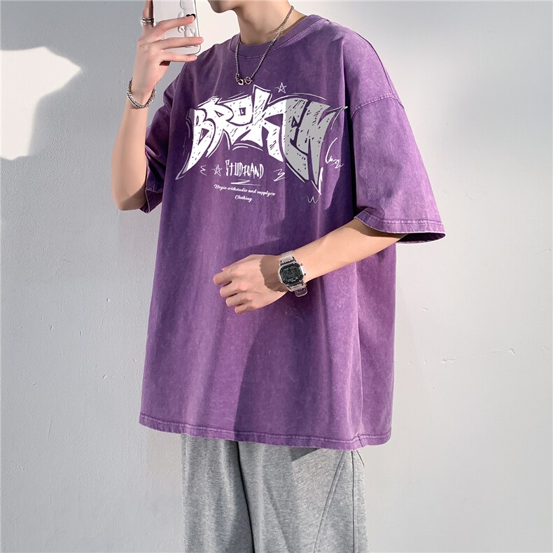 水洗做旧蜡染短袖男夏季潮流美式复古T恤哥特文字母印花半袖,男装T恤,电商C306-1