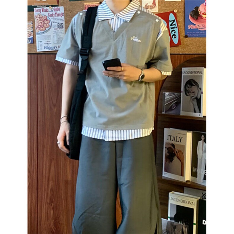 条纹拼接假两件翻领Polo衫男女日系复古学院风宽松短袖T袖T507,男装Polo衫,星座1116A（原606A-3）