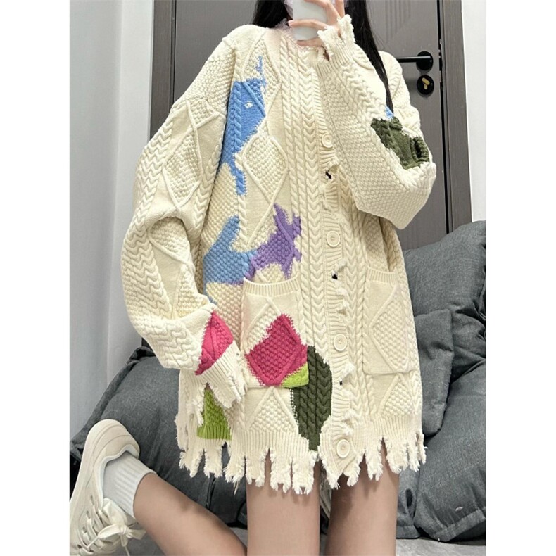 【有货】破洞涂鸦情侣开衫毛衣男女慵懒风针织衫外套5501CC-特P65图片