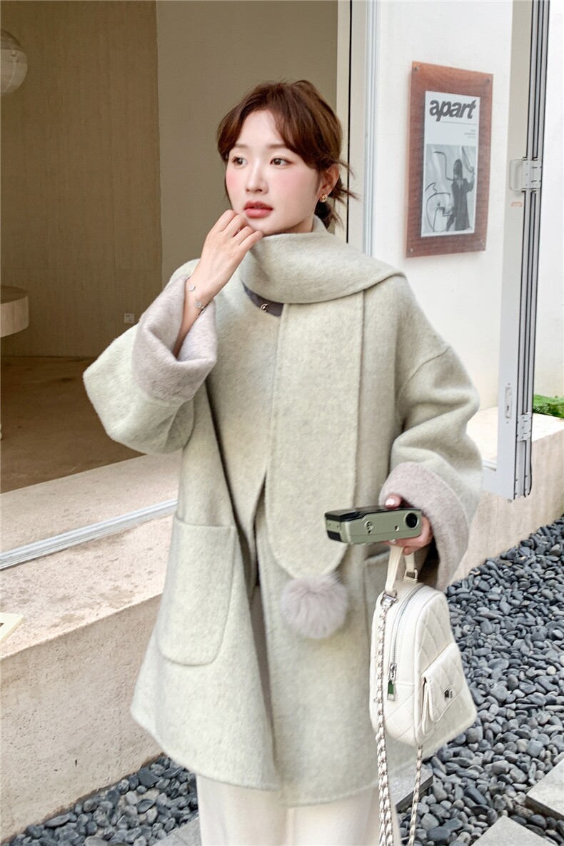 围脖毛球中长款双面羊毛大衣1C045-H8388P280K428,女装毛呢外套,红龙果