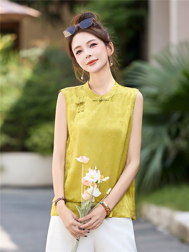 新中式国风提花套装女2025夏季优雅气质盘扣背心单上衣,女装衬衫,丽影随形
