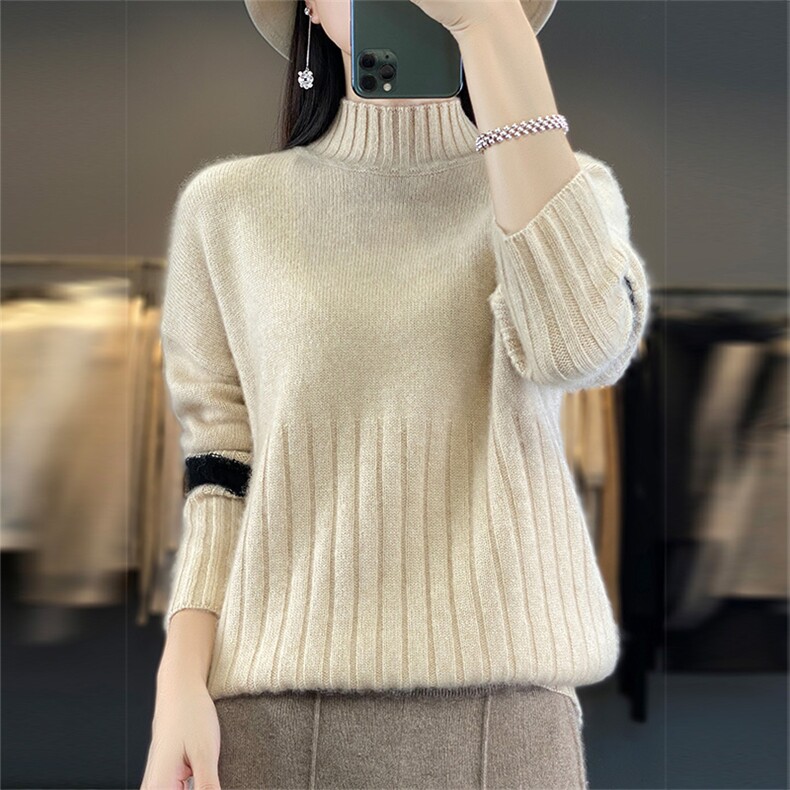 2025年秋季时尚百搭通勤简约休闲袖子拼色坑条羊毛衫，女装羊毛衫，丽特绒