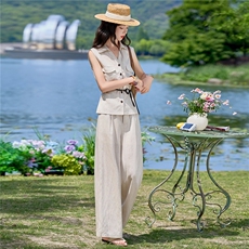 2026年夏季时尚亚麻短袖衬衫阔腿裤两件套装，女装套装/套裙，简韵佳