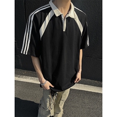 得物抖音高品二开240克纯棉美式高街痞帅翻领POLO织带短袖T恤，男装T恤，电商A486