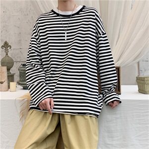 910A-T27-P25控38秋装条纹长袖T恤男女韩版宽松大码情侣打底衫潮图片