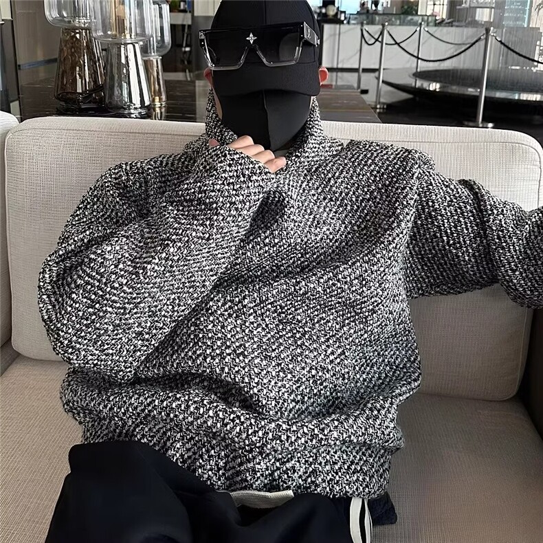 小众粗花呢编织连帽卫衣男春秋季港风宽松休闲小香风帽衫 WY55图片