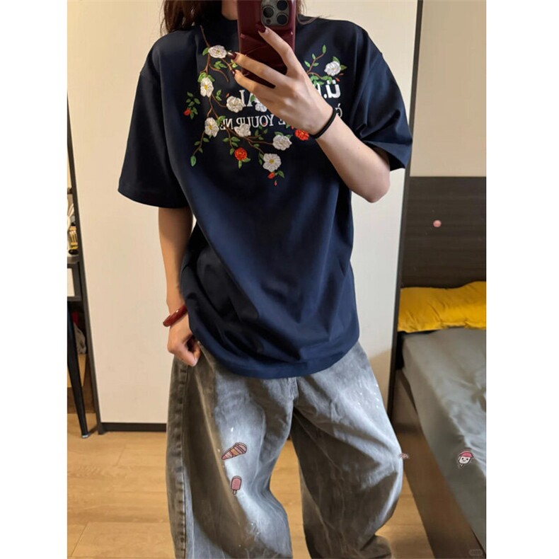 DX88LL-特P38花卉刺绣印花纯棉短袖t恤夏季cleanfit潮牌半袖,男装T恤,星座1007（原301D）