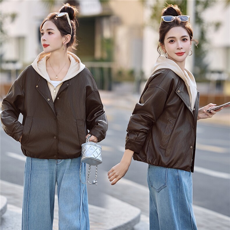 已出货春装新品美拉德连帽皮衣外套女今年流行显瘦百搭机车服潮,女装皮衣,吾爱衣