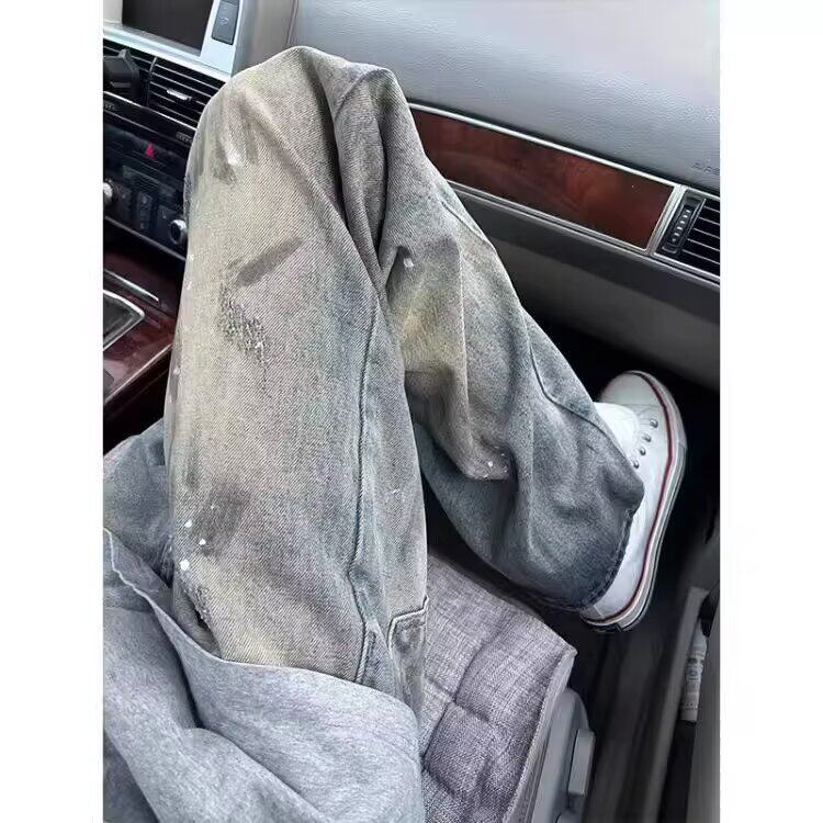美式vibe高街泼墨牛仔裤男生水洗脏染潮牌复古裤子直筒弯刀微喇裤,男装牛仔裤,星座506A