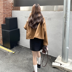 韩里韩气甜酷复古蕾丝拼接皮衣外套女2025春秋高级小众短夹克上衣图片