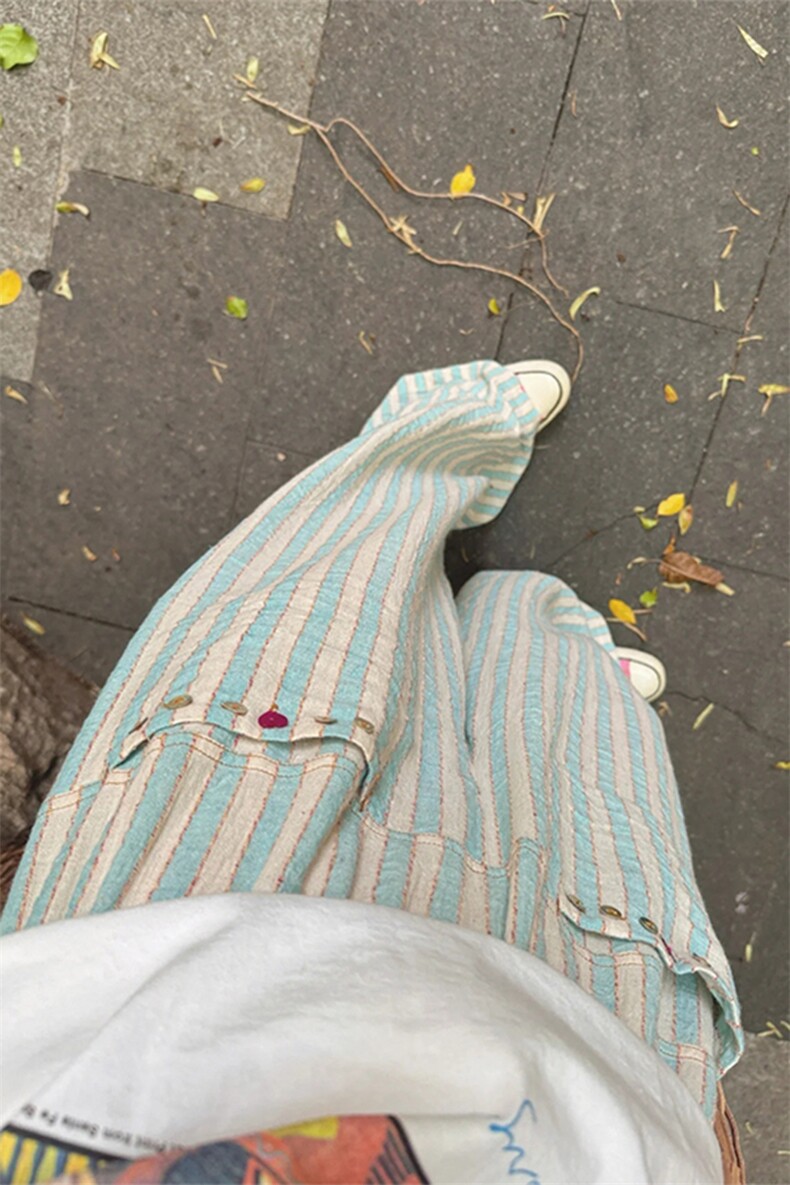 薄荷绿色贝壳扣条纹裤子男女款夏季设计感宽松慵懒长裤CCBN05-P53,男装休闲裤,星座1007（原301D）