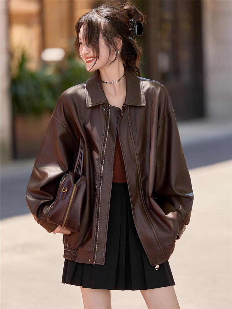 美式复古棕色PU皮衣外套女短款宽松小个子春秋新款小西服外套2652,女装皮衣,潮流依族
