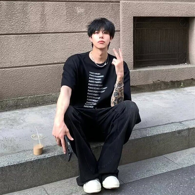 全棉常规纯色日常宽松型青少年落肩袖圆领ins潮牌印花短袖T恤,男装T恤,星座506A